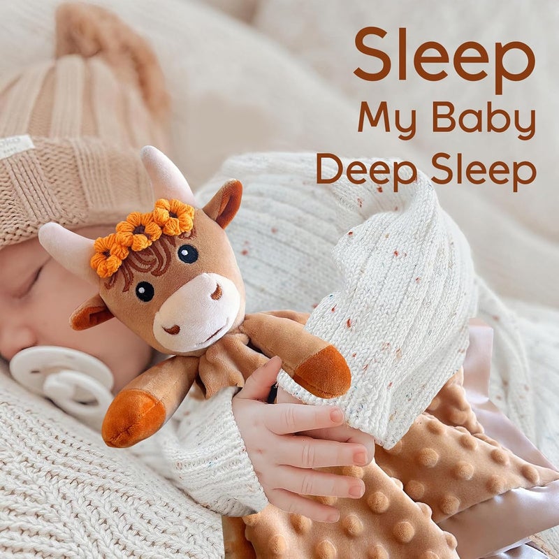 MOVEPAI Baby Security Blanket, Soft Baby Lovey Toy Blanket for Girls, Snuggle Toy Lovie Newborn Gift, 2PCS Babies Blankie Girl Highland Cow 16 Inch - Image 2